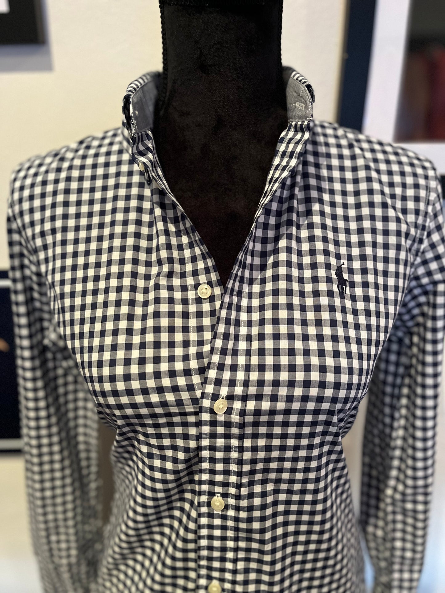 Ralph Lauren 100% Cotton Ladies Navy Gingham Check Shirt Slim Fit Size 6