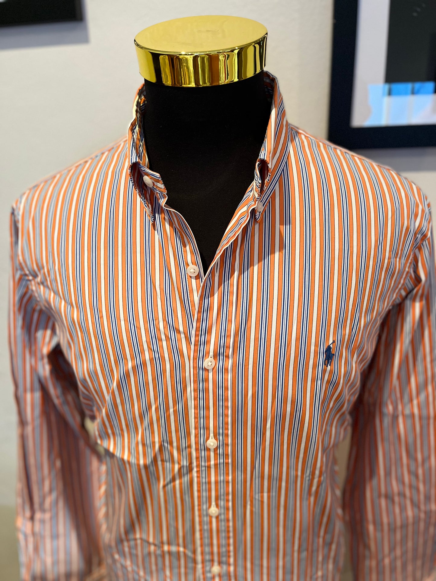 Ralph Lauren 100% Cotton Custom Fit Orange Stripe Shirt Size Large Button Down Collar