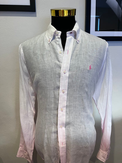 Ralph Lauren Pink 100% Linen Cotton Shirt Size Large Slim Fit Polo Ralph Lauren
