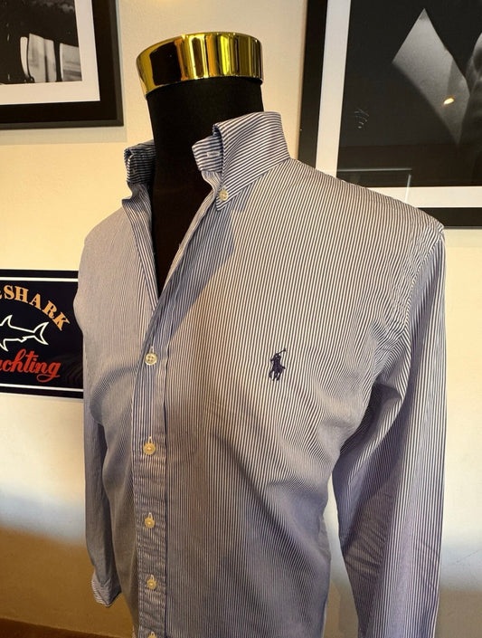Ralph Lauren 100% Cotton Blue White Striped Classic Fit Size Large Button Down