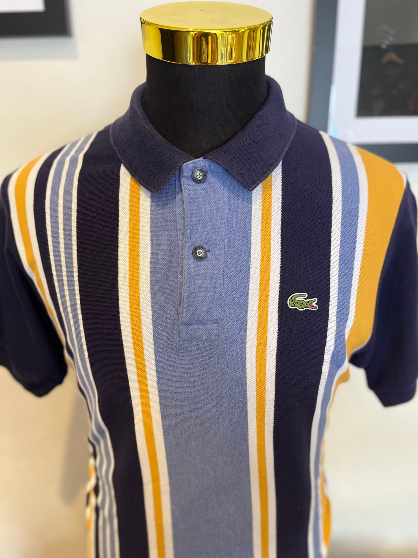 Lacoste 100% Cotton Blue Gold Stripe Polo Shirt Size 6 Large To XL Made in France