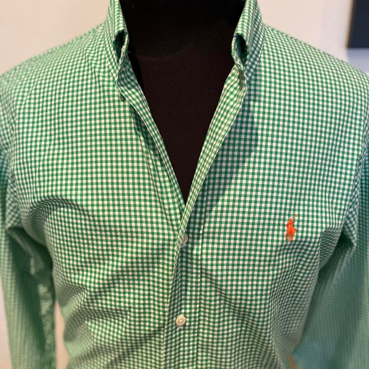 Ralph Lauren 100% Cotton Green Gingham check Shirt Size L Custom Fit Button Down Collar