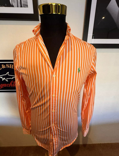 Ralph Lauren 100% Cotton Orange White Striped Shirt Slim Fit Size Small