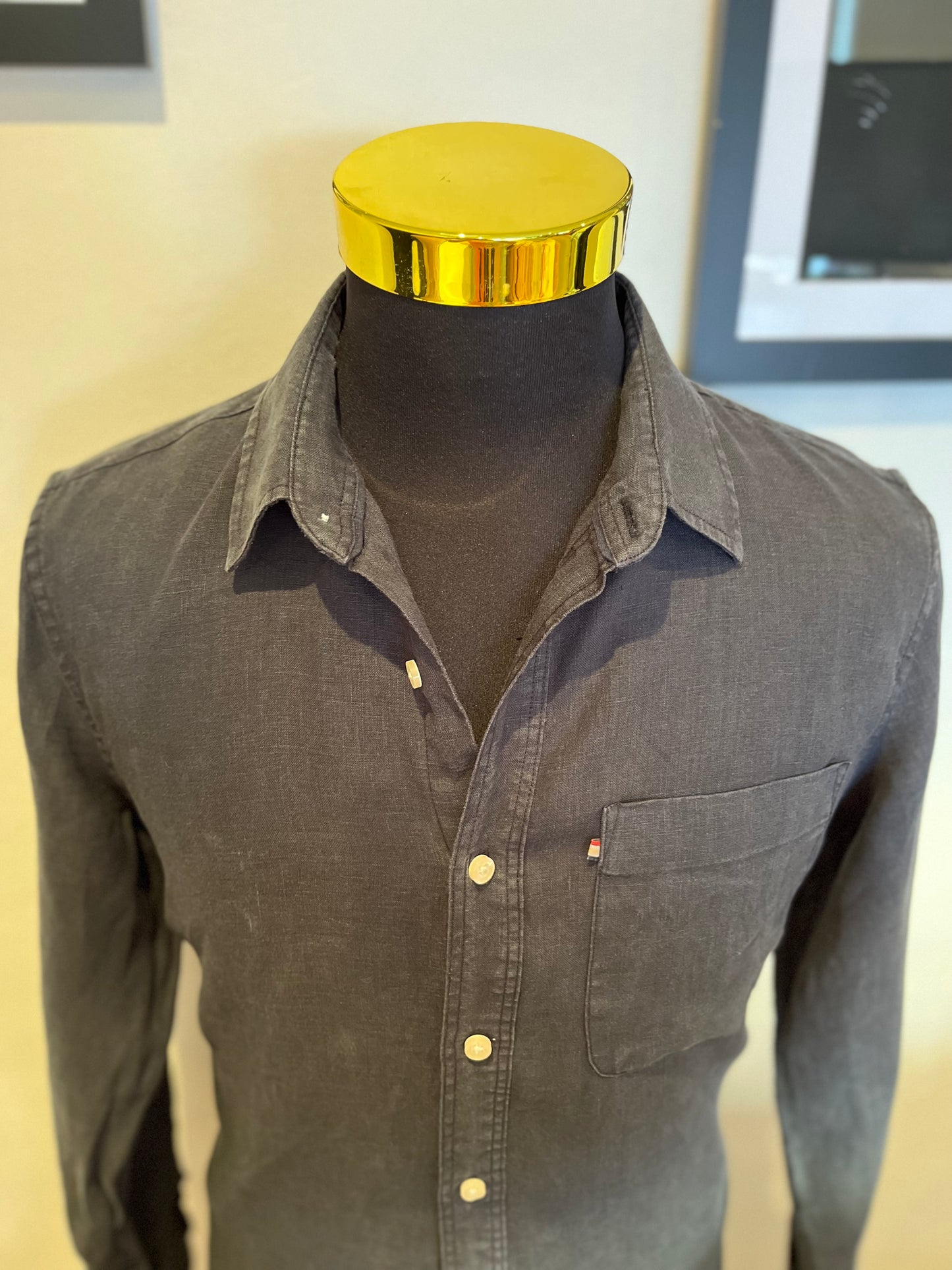 The Academy Brand 100% Linen Cotton Black Shirt Size Medium Slim Fit