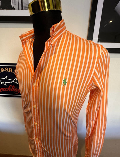 Ralph Lauren 100% Cotton Orange White Striped Shirt Slim Fit Size Small