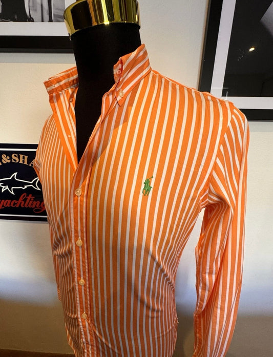 Ralph Lauren 100% Cotton Orange White Striped Shirt Slim Fit Size Small