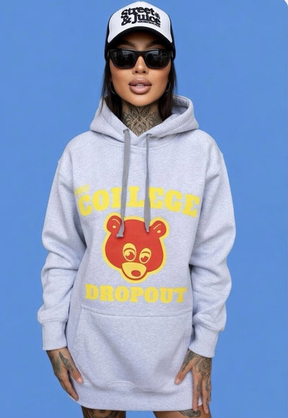 Kanye West 100% Fleece Grey Hoodie “The College Drop Out” Chest & Back Logo Print