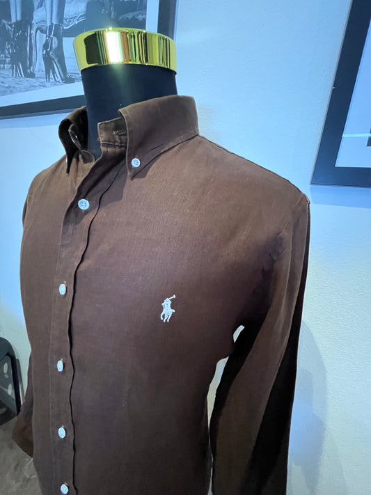 Ralph Lauren 100% Linen Brown Shirt Size Large