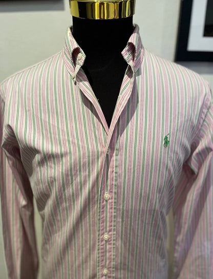Ralph Lauren 100% Cotton Pink Green Striped Shirt Size Medium Classic Fit