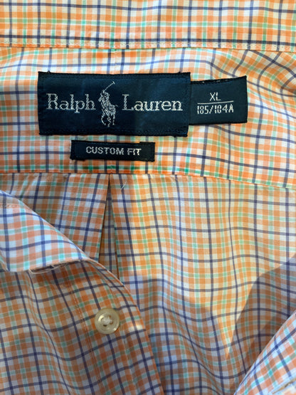 Ralph Lauren 100% Cotton Orange Check Button Down Shirt Size M Custom Fit, 15/32