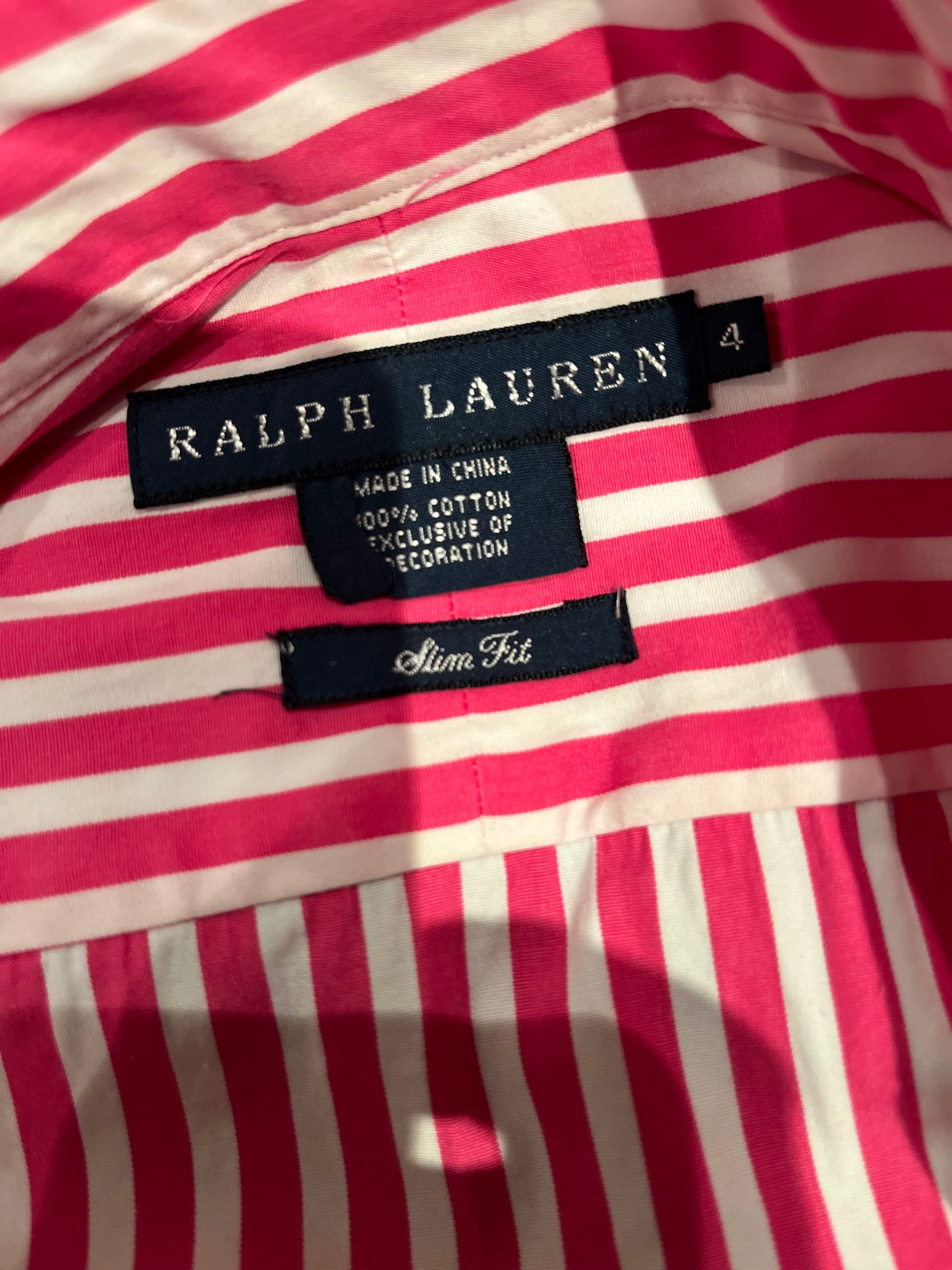 Ralph Lauren Women’s 100% Cotton Pink White Stripe Shirt Size 4 Slim Fit