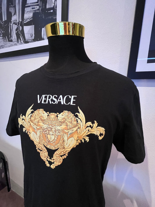 Versace 100% Cotton Black Tee Gold Print Logo Size XL Made in Italy