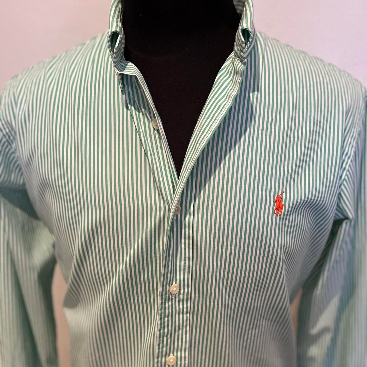 Ralph Lauren 100% Cotton Green Stripe Shirt Size L Custom Fit Button Down Collar