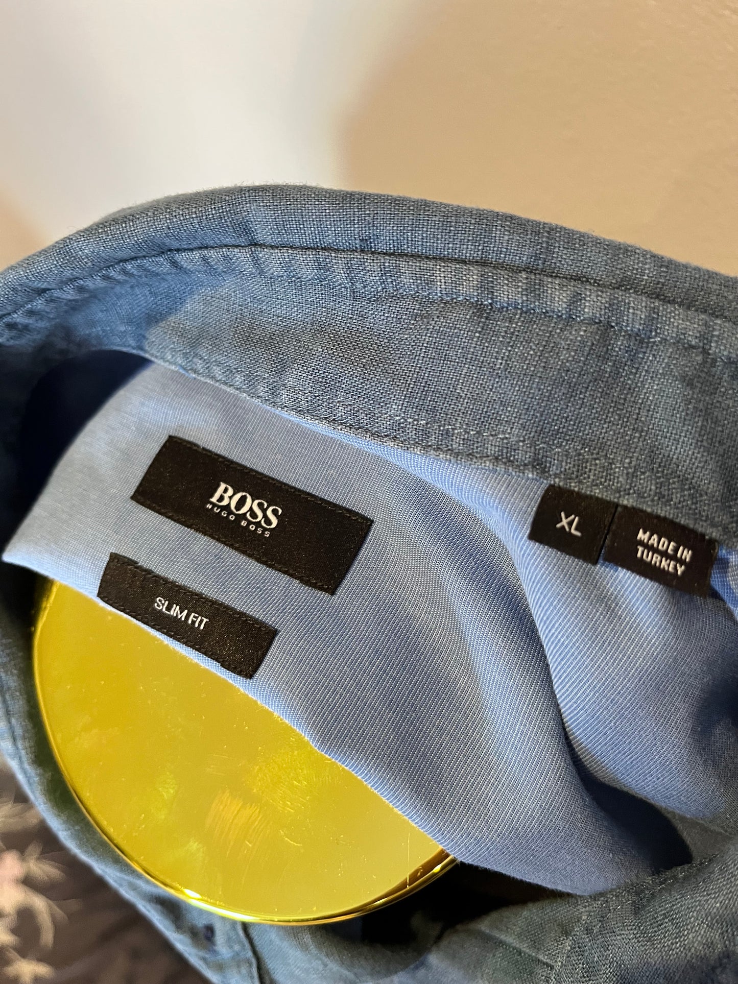 Boss Hugo Boss 100% Cotton Linen Blue Shirt Size Large Slim Fit
