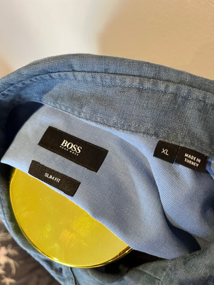 Boss Hugo Boss 100% Cotton Linen Blue Shirt Size Large Slim Fit