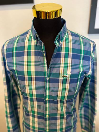 Lacoste 100% Cotton Green Blue Check Shirt Size M Classic Fit Button Down Collar