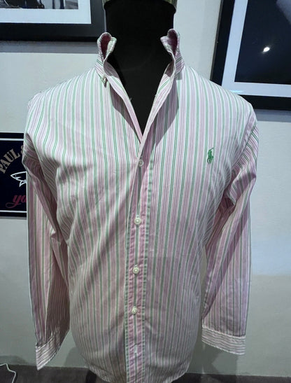 Ralph Lauren 100% Cotton Pink Green Striped Shirt Size Medium Classic Fit