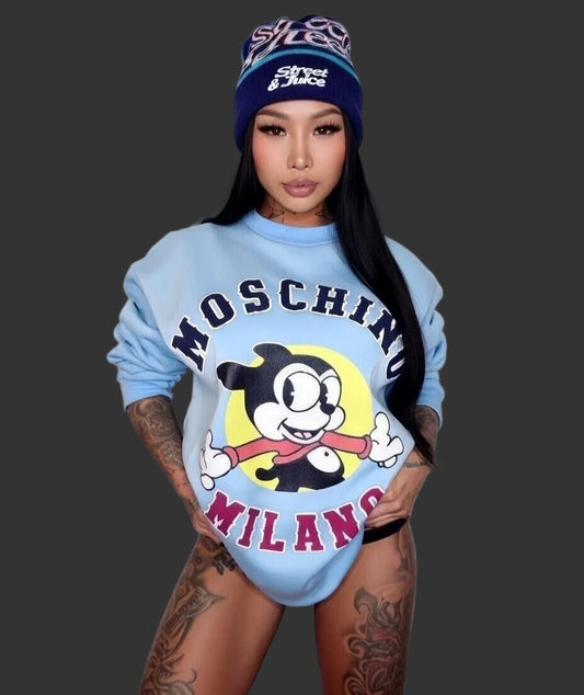 Moschino Couture Logo Print Powder Blue Dress Size XS Brand New With Tags