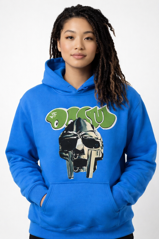 MF DOOM Fleece Blue Metal Face Hoodie Chest Logo Size Large