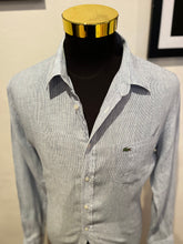 Load image into Gallery viewer, Lacoste 100% Linen Cotton Blue White Pin Stripe Shirt Size Large Classic Fit