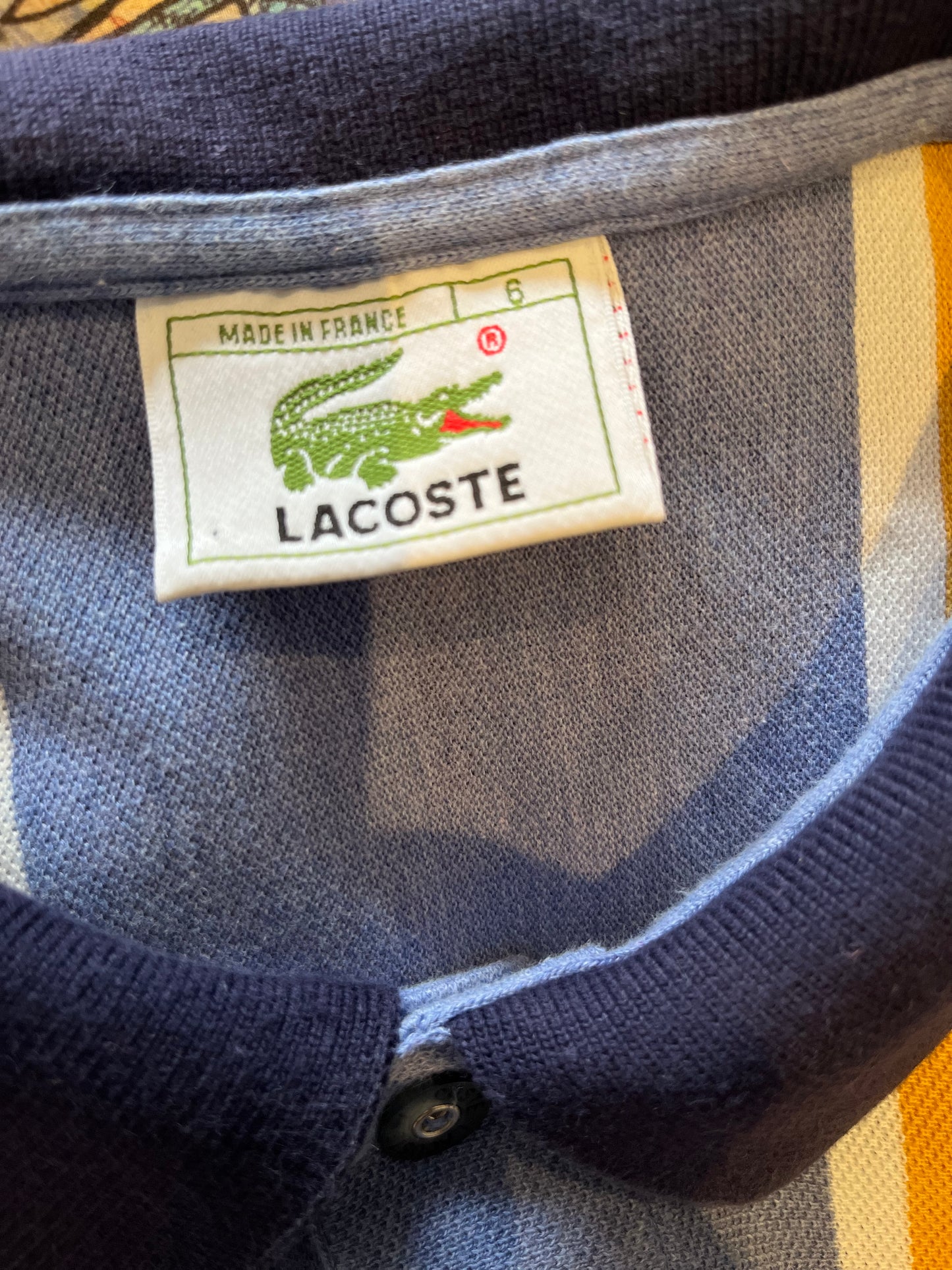 Lacoste 100% Cotton Blue Gold Stripe Polo Shirt Size 6 Large To XL Made in France