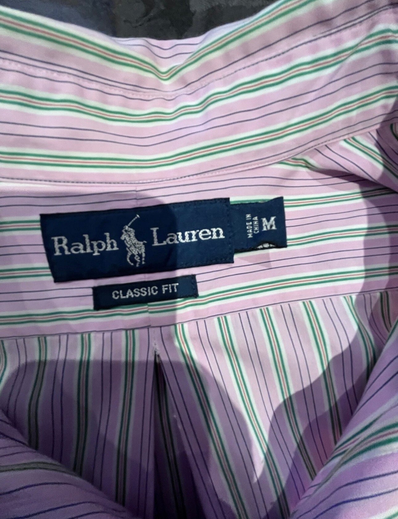 Ralph Lauren 100% Cotton Pink Green Striped Shirt Size Medium Classic Fit