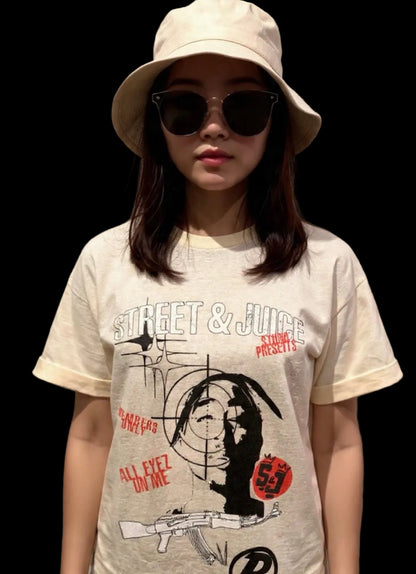 Street & Juice 2pac “All Eyez On Me” 100% Cotton Cream Chest Logo T Shirt