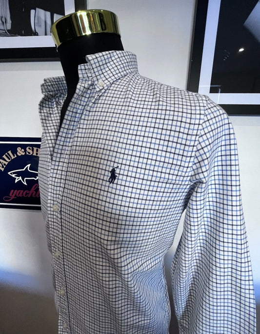 Ralph Lauren 100% Cotton White Blue Grey Check Shirt Size Small Classic Fit
