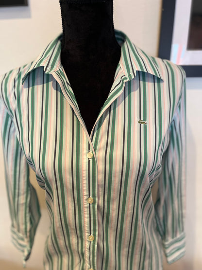 Lacoste 100% Cotton Women’s Pink Green Stripe Shirt Size 40 Small