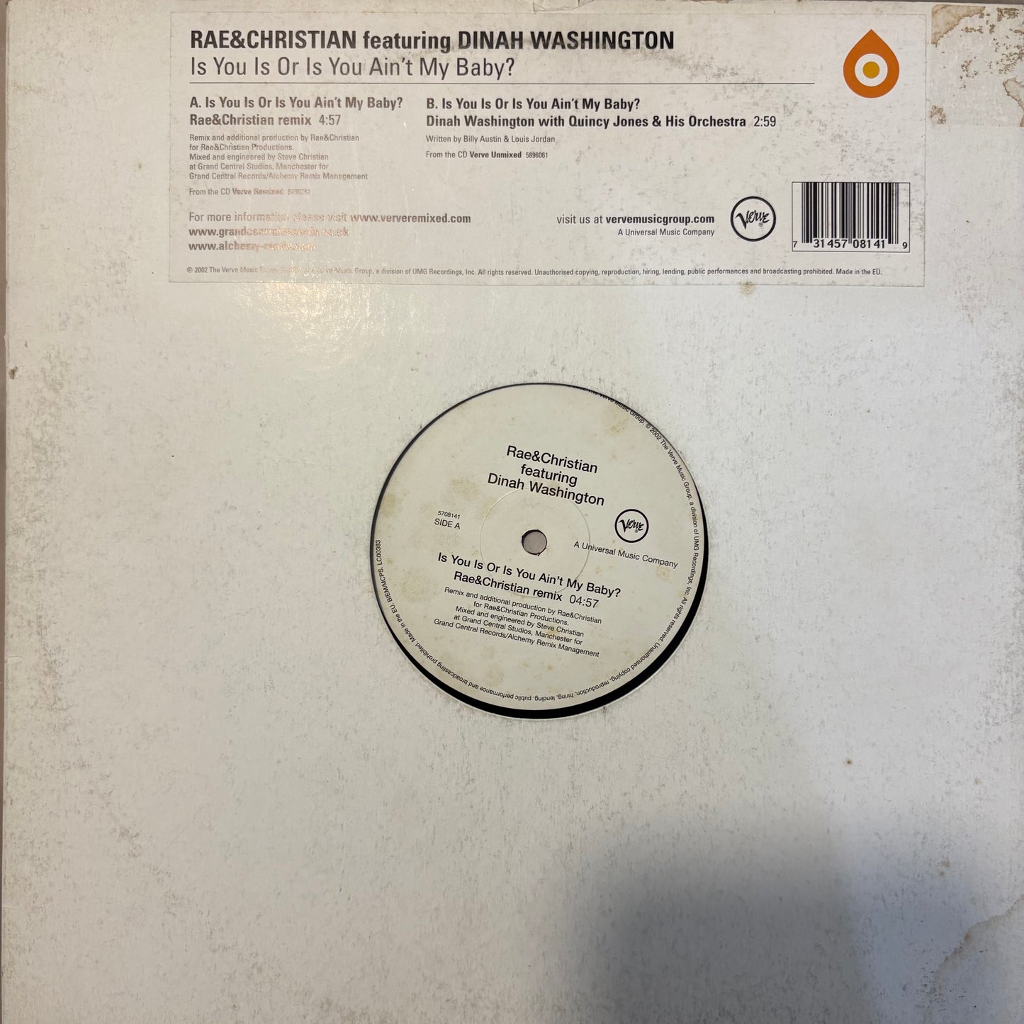 Rae & Christian Feat Dinah Washington “Is You Is Or Is You Ain’t My Baby” 2 Track 12inch Vinyl Record