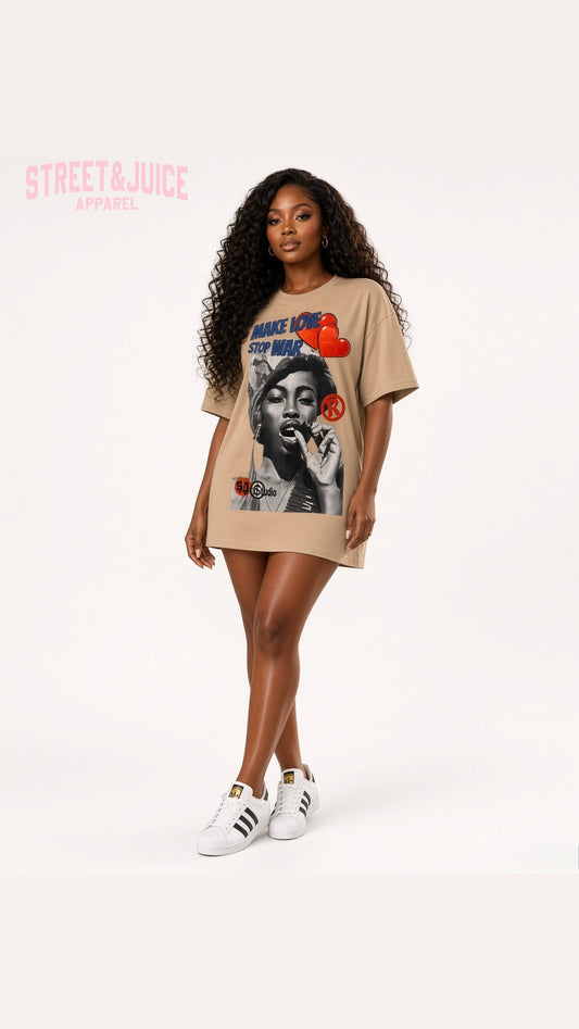Street & Juice ‘Make Love Stop War’ 100% Heavyweight Cotton Beige Tee