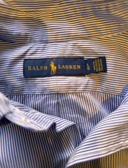 Ralph Lauren 100% Cotton Blue White Striped Classic Fit Size Large Button Down