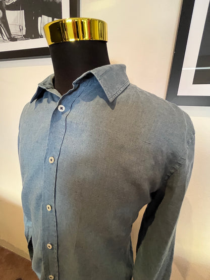 Boss Hugo Boss 100% Cotton Linen Blue Shirt Size Large Slim Fit