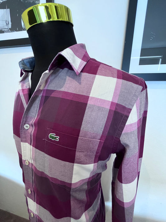 Lacoste 100% Cotton White Red Check Shirt Size M Regular Fit Button Down Collar