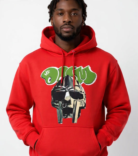 MF DOOM Fleece Red Metal Face Hoodie Chest Logo Size Large