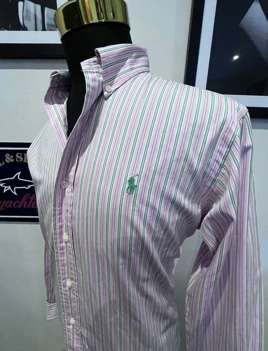 Ralph Lauren 100% Cotton Pink Green Striped Shirt Size Medium Classic Fit