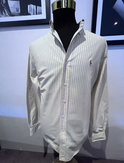 Ralph Lauren 100% Cotton Yellow / Blue Stripe Oxford Shirt Size XL Custom Fit