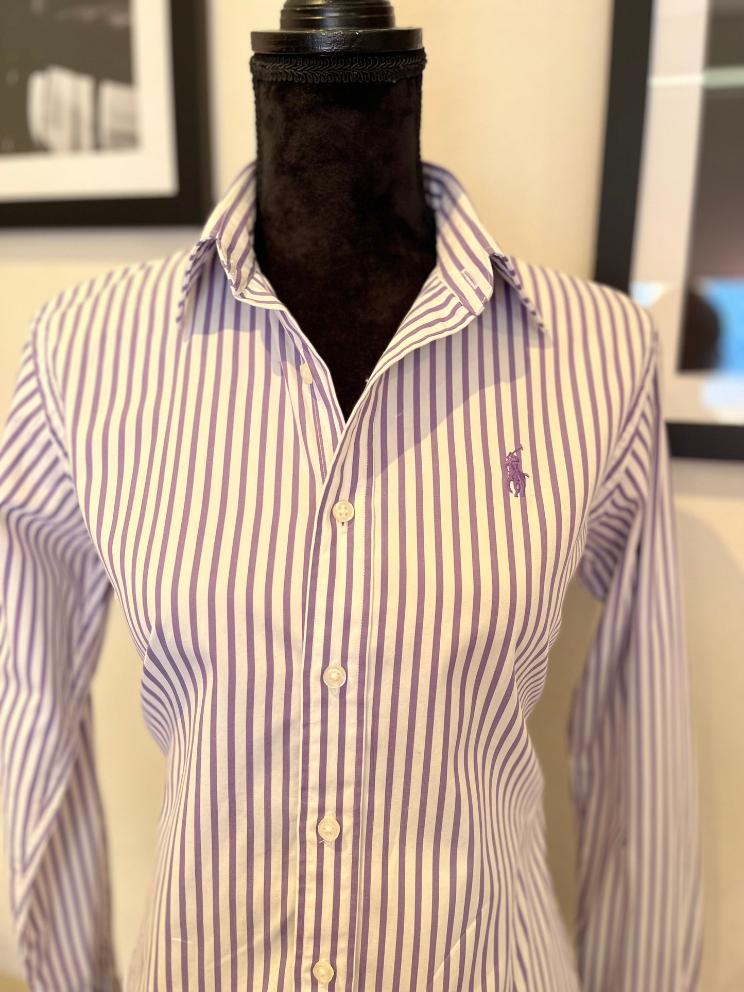 Ralph Lauren Women’s 100% Cotton Purple White Stripe Shirt Slim Fit Size 10