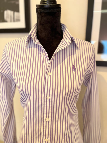 Ralph Lauren Women’s 100% Cotton Purple White Stripe Shirt Slim Fit Size 10