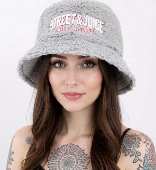 Street & Juice Head Gear Light Grey Embroidered Logo Faux Fur Bucket Hat
