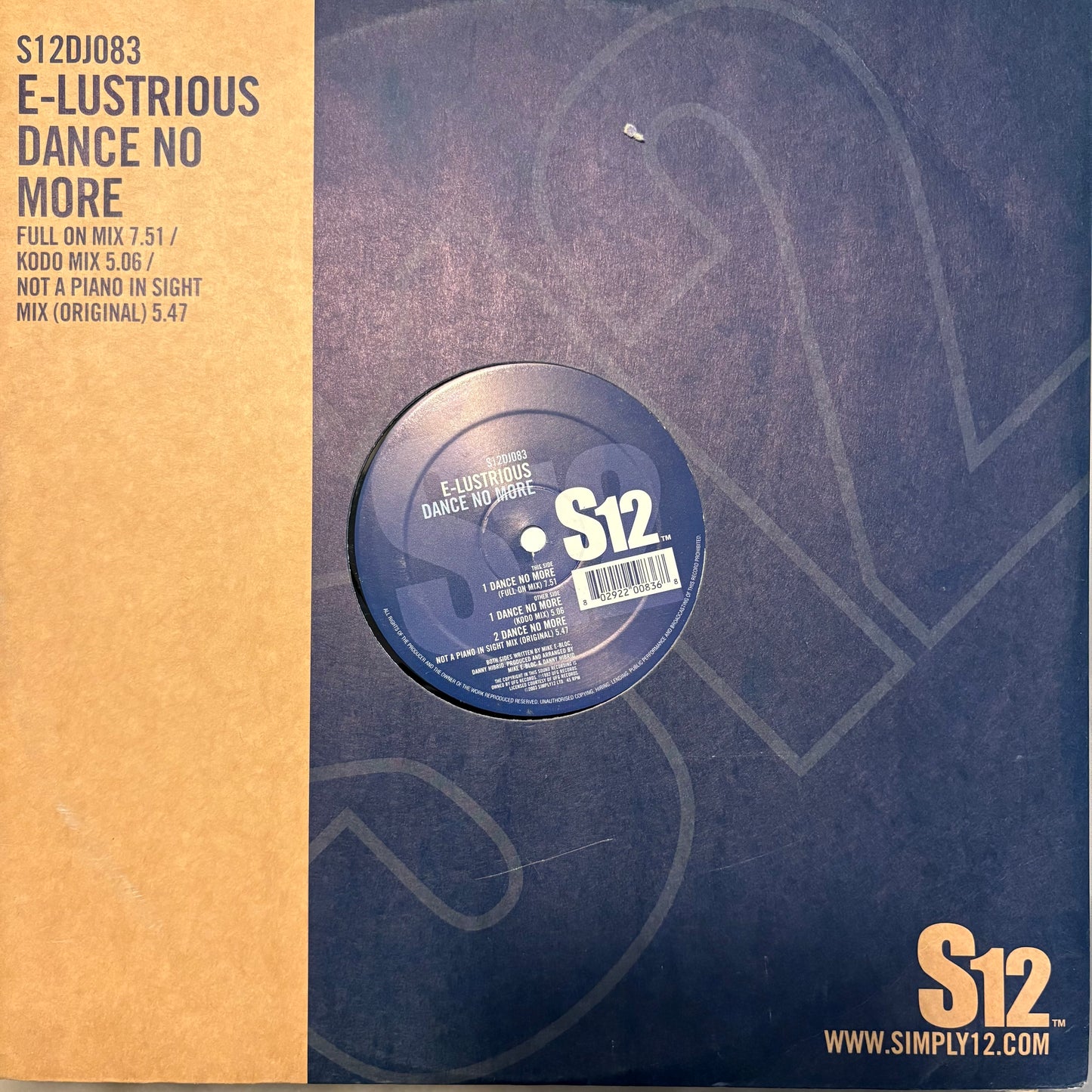 E-Lustrious “Dance No More” 3 version 12inch vinyl record