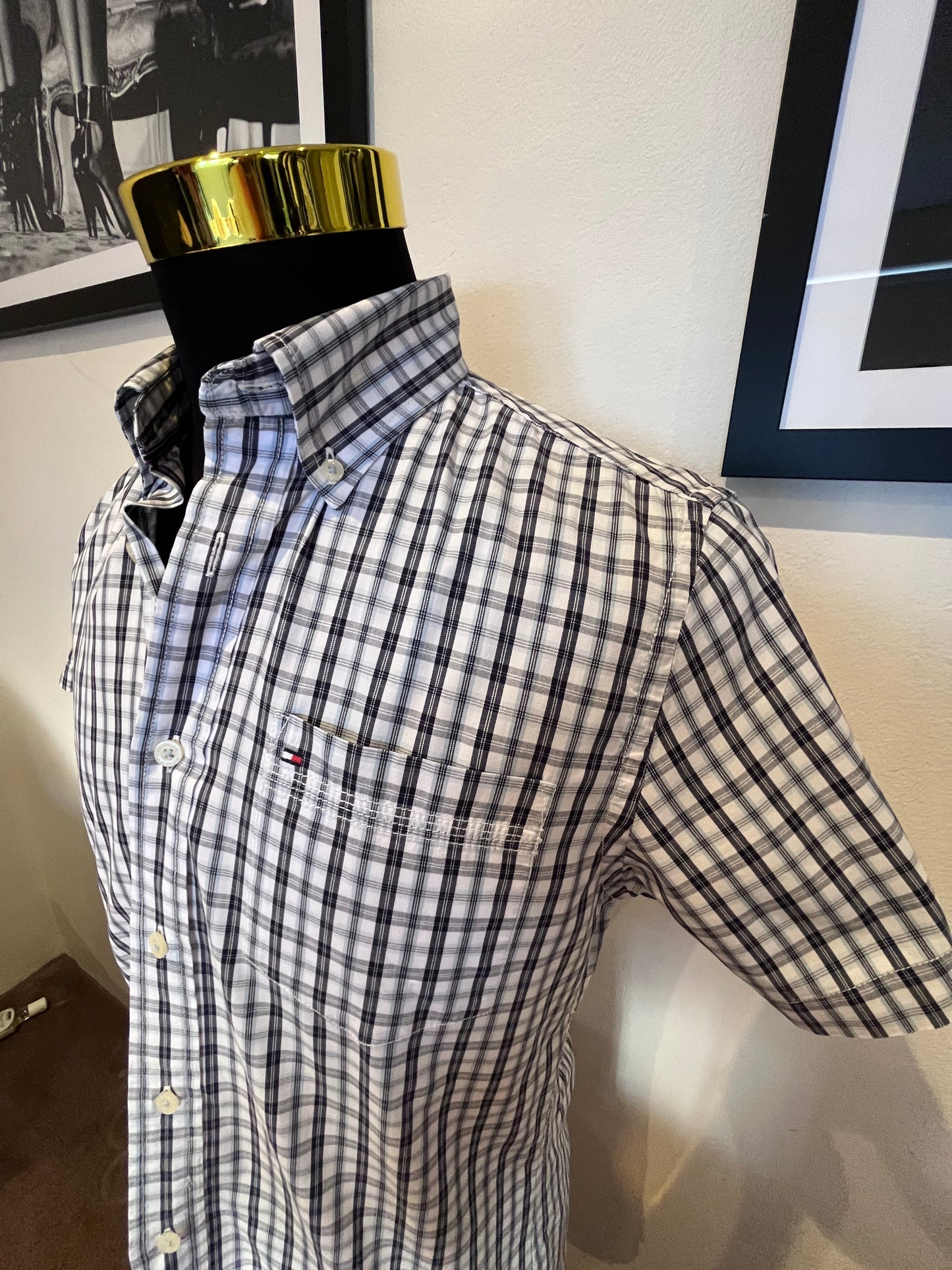 Tommy Hilfiger Custom Fit 100% Cotton Blue White Check Shirt Size Large
