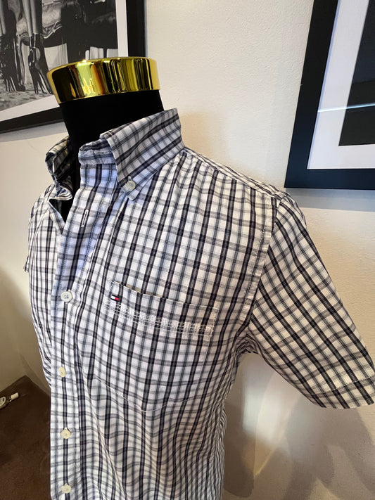 Tommy Hilfiger Custom Fit 100% Cotton Blue White Check Shirt Size Large