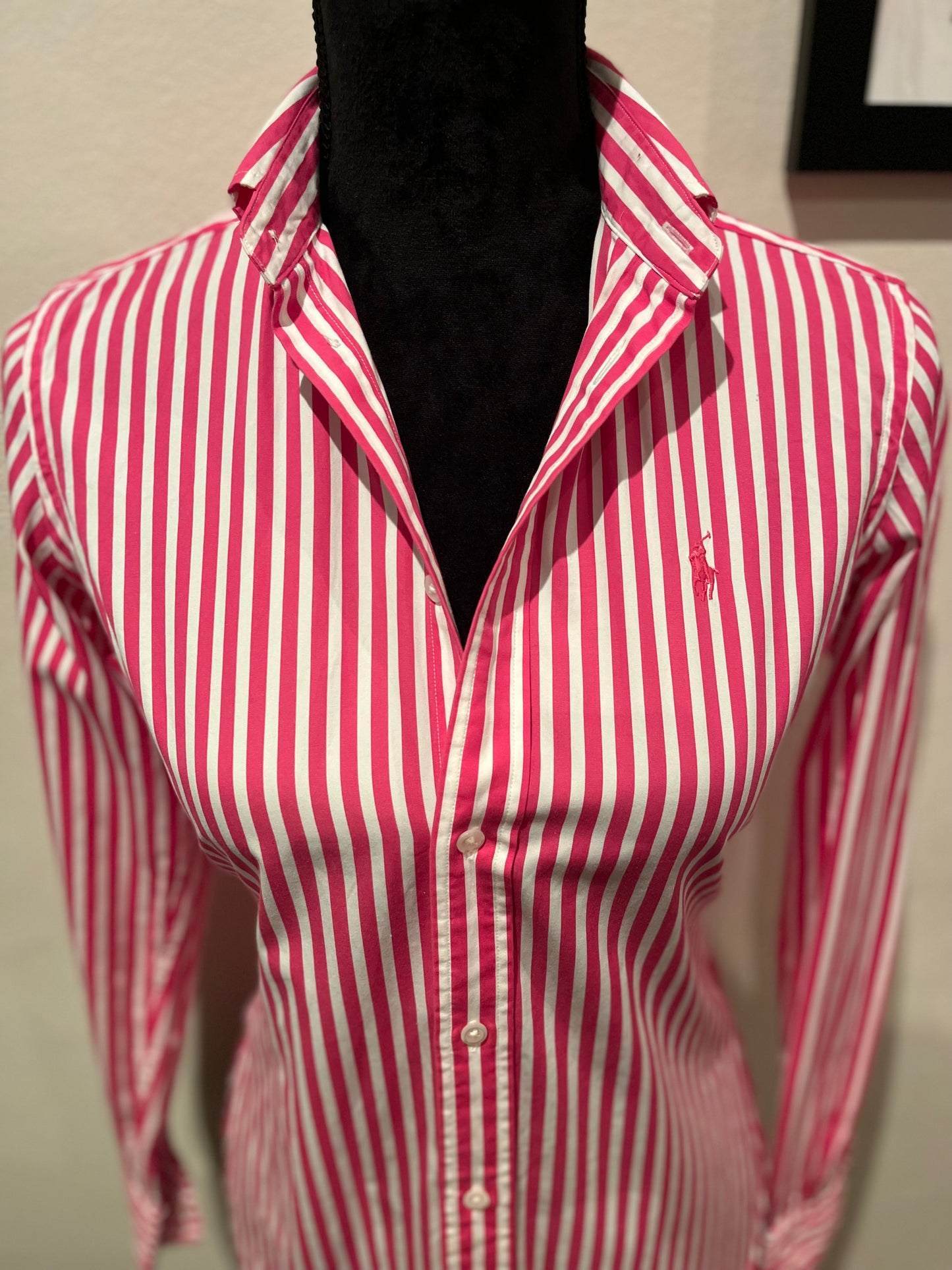 Ralph Lauren Women’s 100% Cotton Pink White Stripe Shirt Size 4 Slim Fit