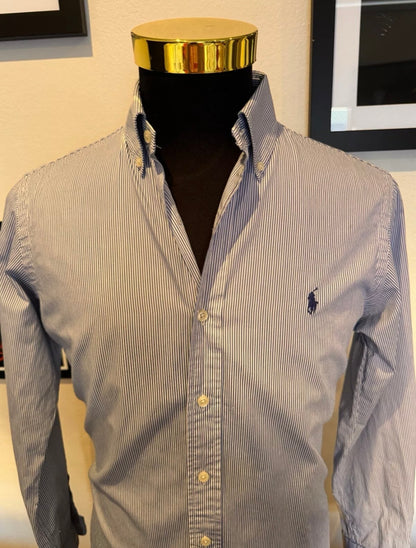 Ralph Lauren 100% Cotton Blue White Striped Slim Fit Shirt Size Small