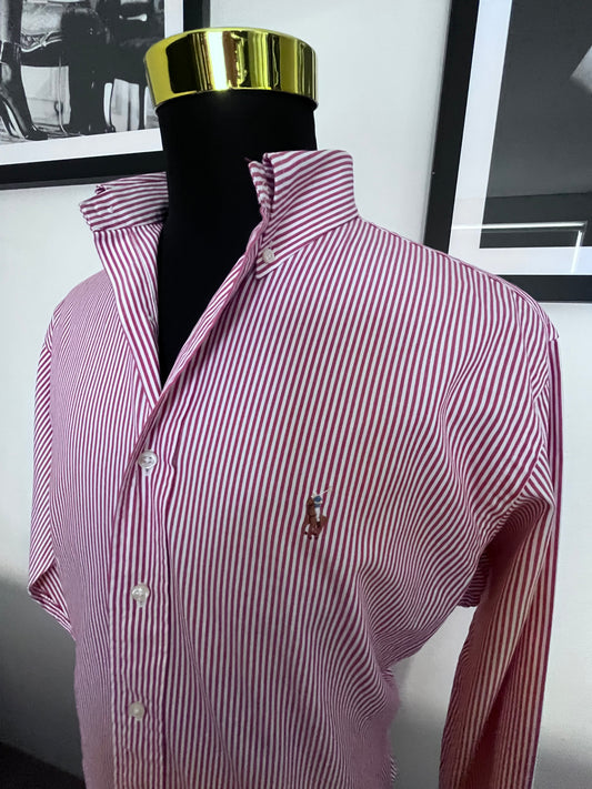 Ralph Lauren 100% Cotton White / Red Strip Shirt Size L Classic Fit, Fits L to XL