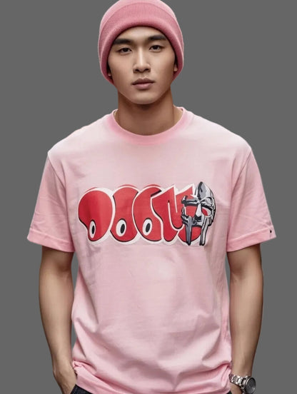 MF DOOM Cotton Blend Pink Metal Face Red Chest Logo Shirt