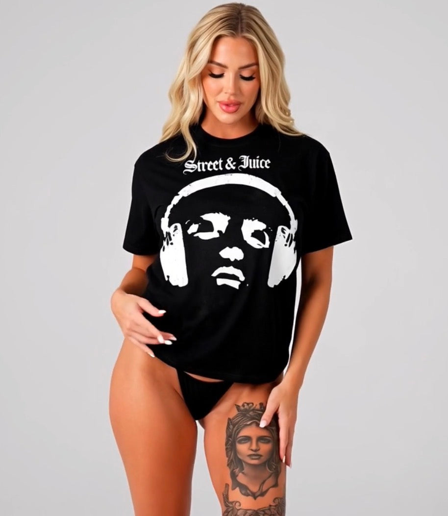Street & Juice ‘Headphones’ Black Graphic T-shirt 100% Heavyweight Cotton