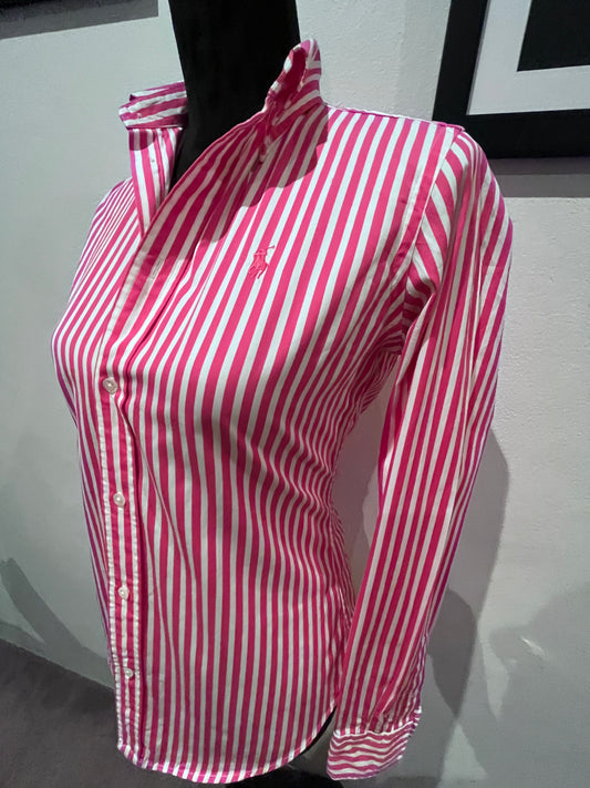 Ralph Lauren Women’s 100% Cotton Pink White Stripe Shirt Size 4 Slim Fit