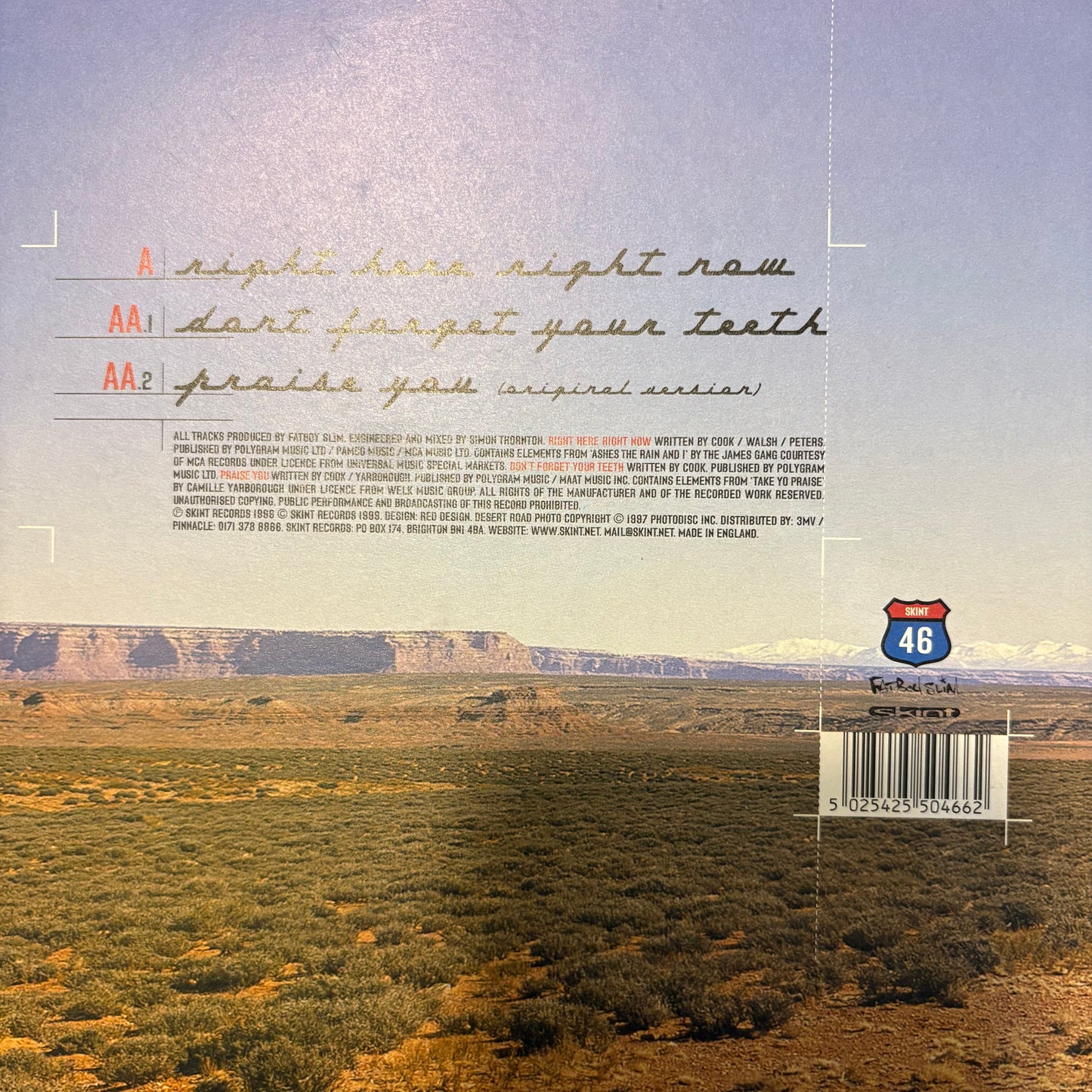 Fatboy Slim “Right Here Right Now” / “Praise You” 3 Track 12inch Vinyl Record